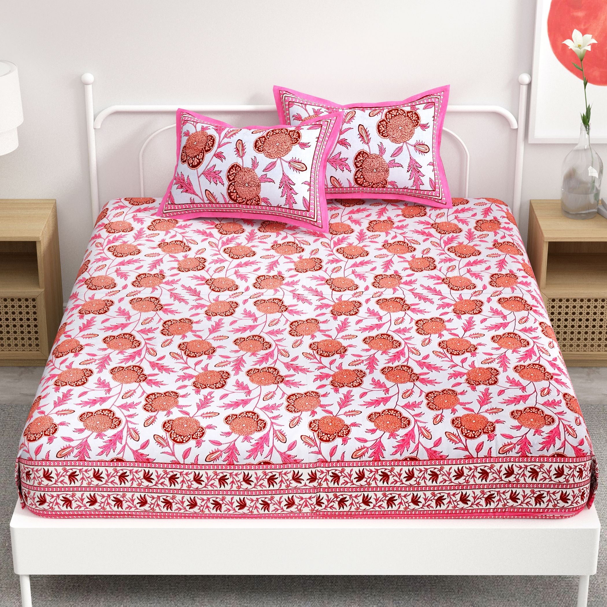 Pink Floral Design Cotton 300TC Super King Bedsheet With 2 Zipper Pillow Covers - King Size by House of Ree - Distacart