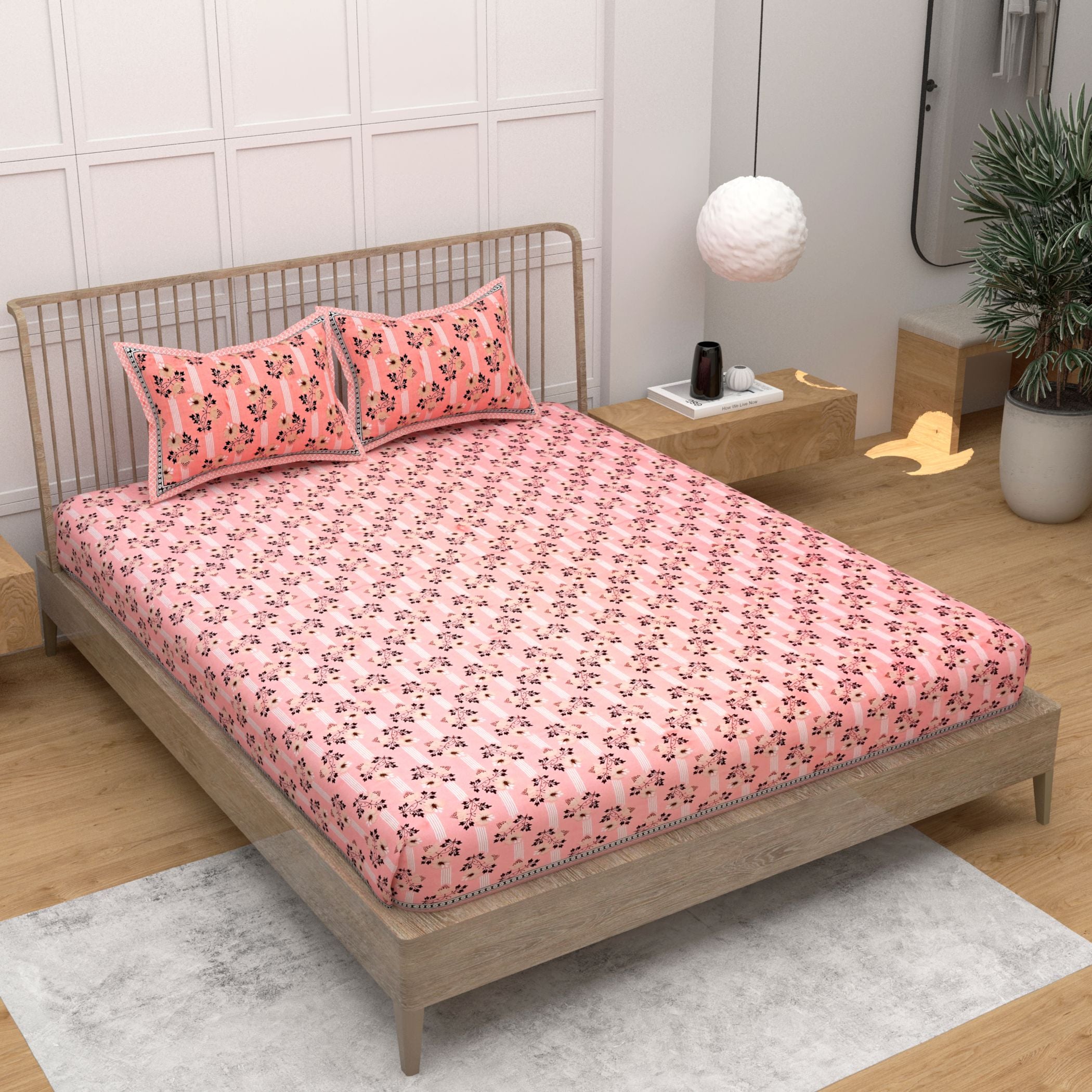 Light Pink Ethnic Motifs Cotton 220 TC King Bedsheet With 2 Zipper Pillow Covers - King Size by House of Ree - Distacart