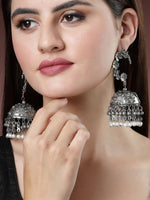 Thumbnail for NVR Women's Silver Plated Pearl Beaded Oxidised Contemporary Jhumka Earrings - Distacart
