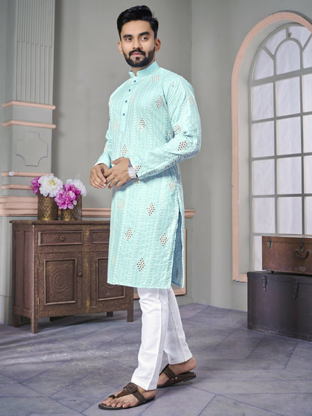 Men's Sky Blue Embroidered Designer Kurta Set by Infinity Export - Distacart