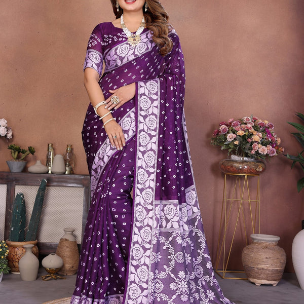 Anaita Dark Purple Handmade Bandhej Viscose Silk Saree With Blouse - Distacart