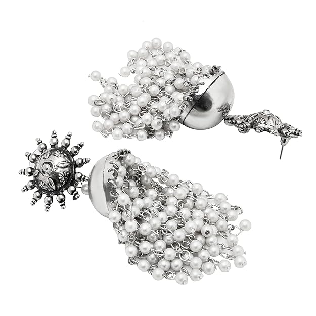 Tehzeeb Creations Women's Silver Colour Oxidised Earrings With White Pearl - Distacart
