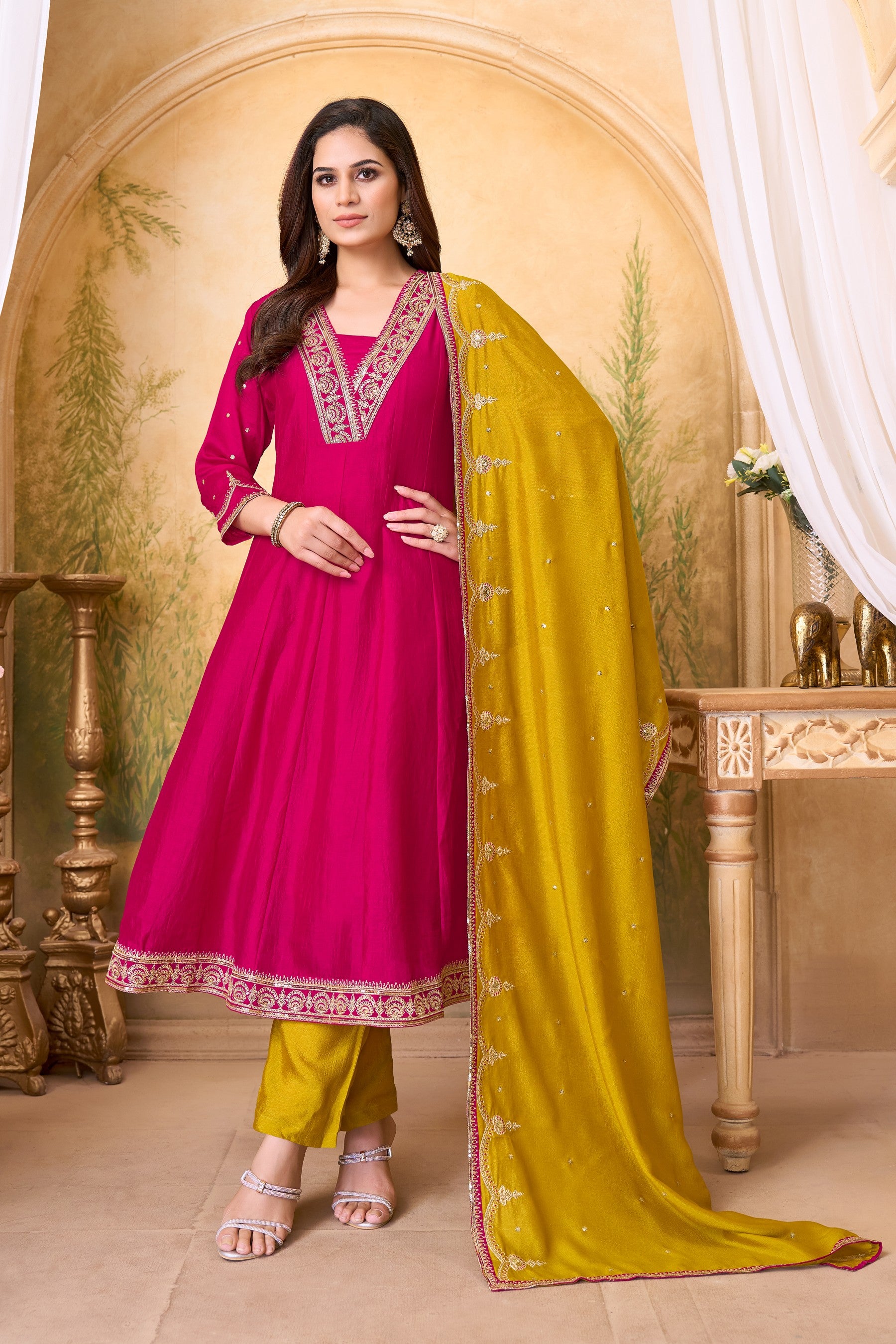 Anaita Pink Yellow Anarkali Readymade Suit with Embroidery Work - Dista