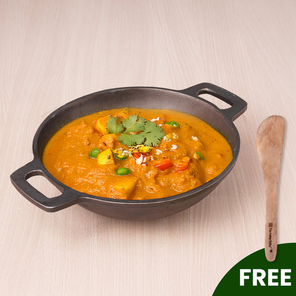 The Indus Valley Super Smooth Cast Iron Kadai,Pre-seasoned, Nonstick, 100% Pure, Toxin-free, Spatula, 25.4cm, 2.5L, 2.4kg