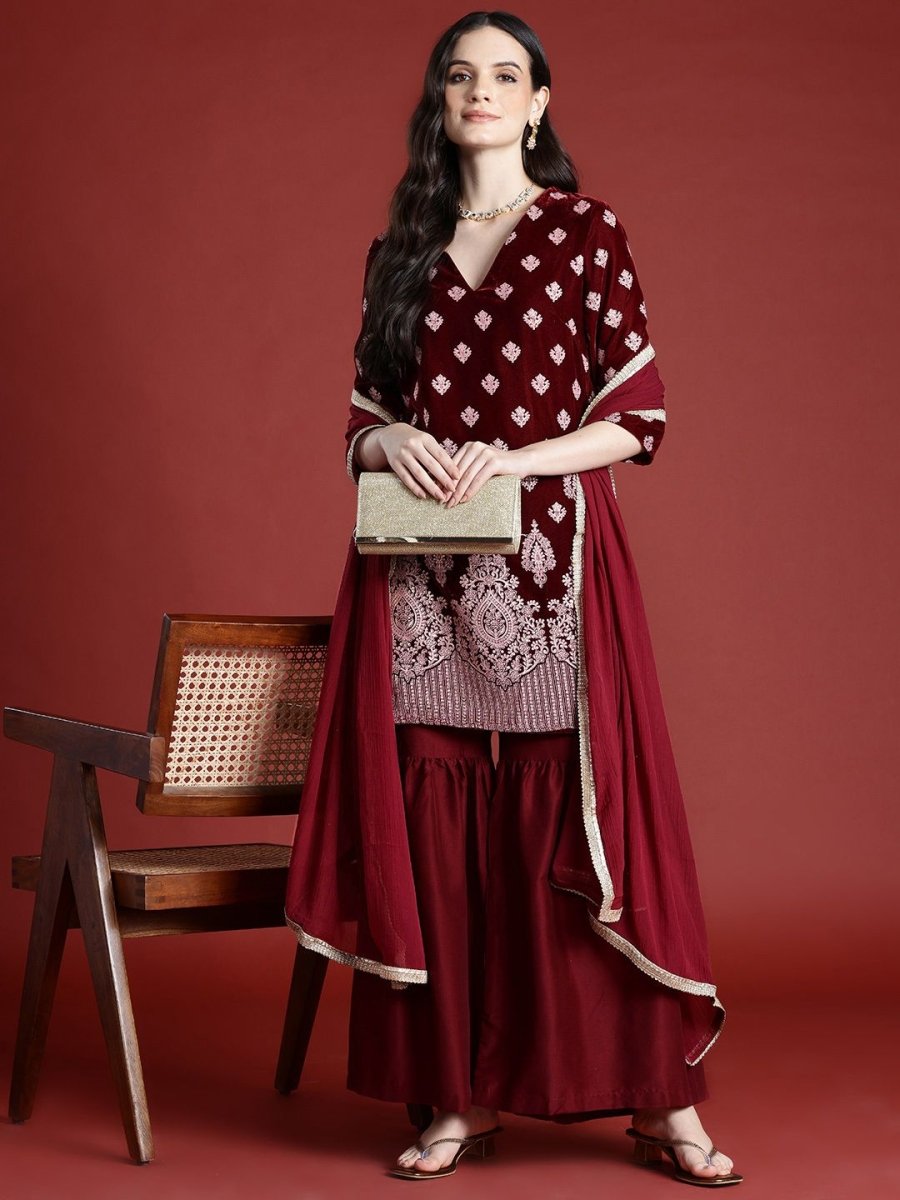 Anouk Tyohaar Collection Velvet Finish Printed Kurta with Sharara & Dupatta - Distacart