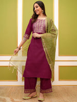 Thumbnail for Vishudh Pink Ethnic Motifs Yoke Design Foil Printed Straight Kurta & Palazzos With Dupatta