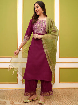Vishudh Pink Ethnic Motifs Yoke Design Foil Printed Straight Kurta & Palazzos With Dupatta