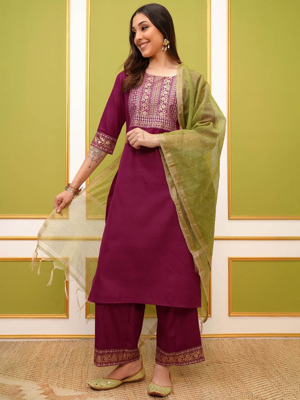 Vishudh Pink Ethnic Motifs Yoke Design Foil Printed Straight Kurta & Palazzos With Dupatta
