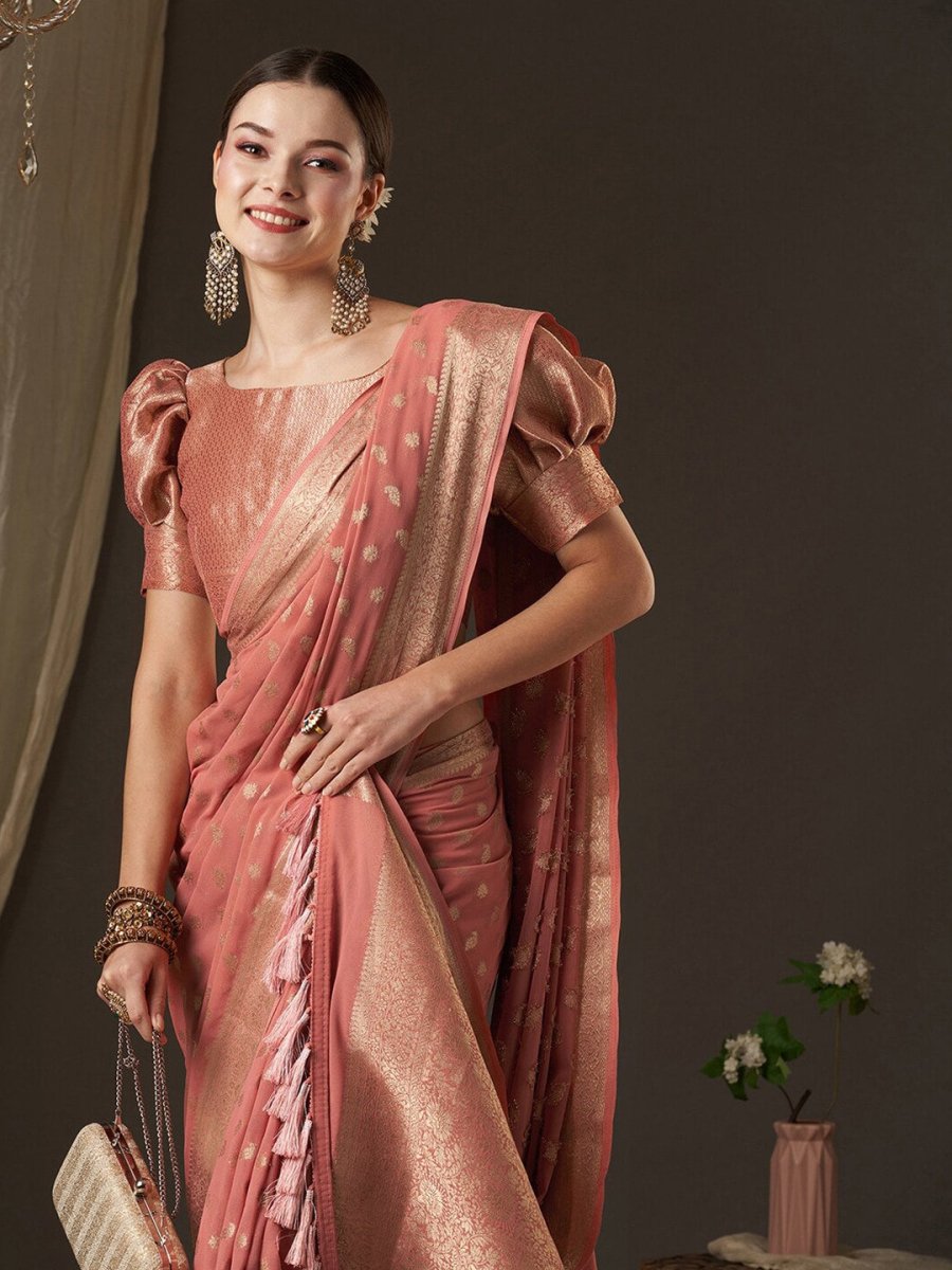 Anouk Peach-Coloured & Gold-Toned Woven Design Zari Pure Georgette Kanjeevaram Saree - Distacart