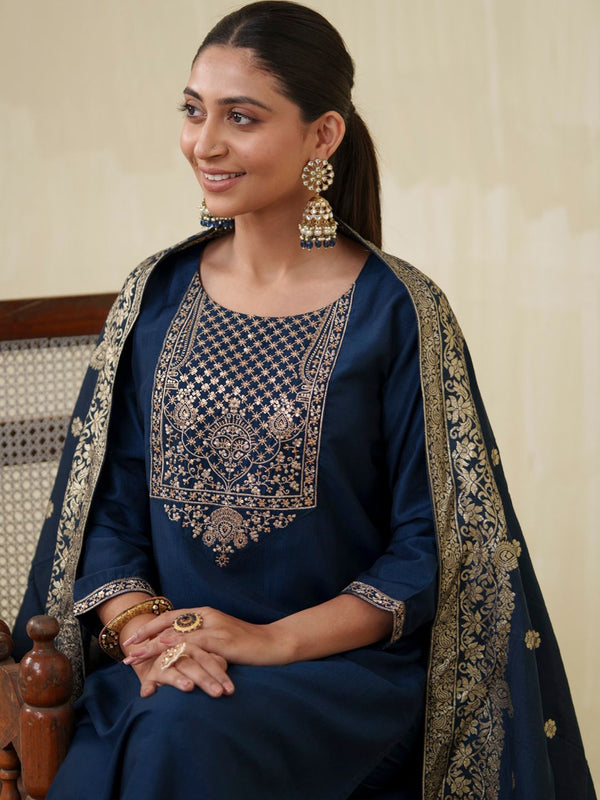 Ode by House of Pataudi Ethnic Motifs Yoke Design Sequinned Kurta With Trousers & Dupatta - Distacart