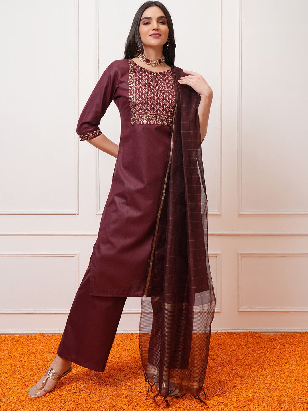 Vishudh Burgundy Ethnic Motifs Yoke Design Thread Work Kurta with Palazzo & Dupatta - Distacart