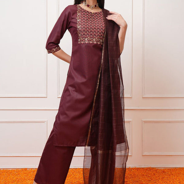 Vishudh Burgundy Ethnic Motifs Yoke Design Thread Work Kurta with Palazzo & Dupatta - Distacart