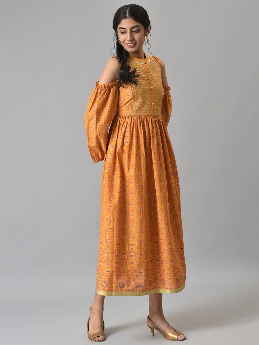 AURELIA Yellow Ethnic Motifs A-Line Midi Dress