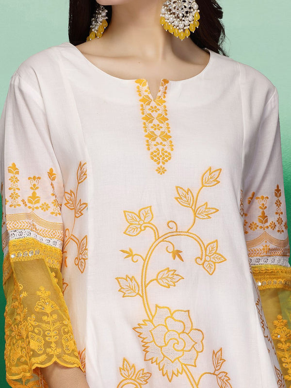 Sangria Floral Embroidered Pure Cotton Straight Kurta With Sharara & Dupatta