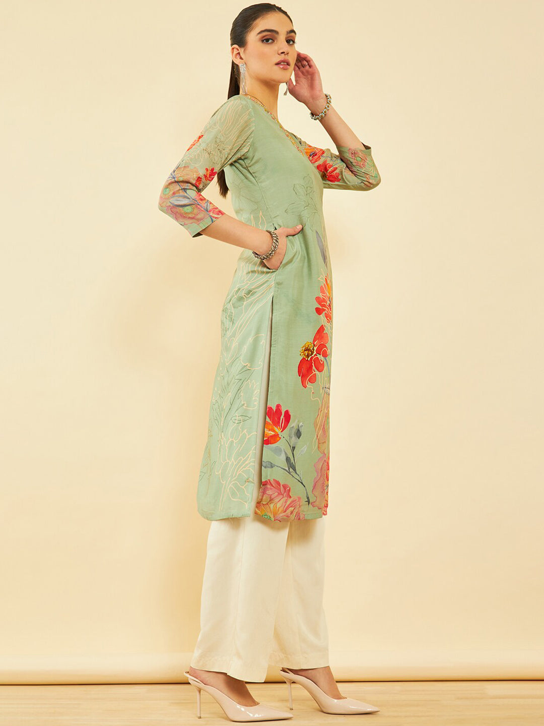 Soch Floral Embroidered Flared Sleeves Thread Work Anarkali Kurta - Distacart