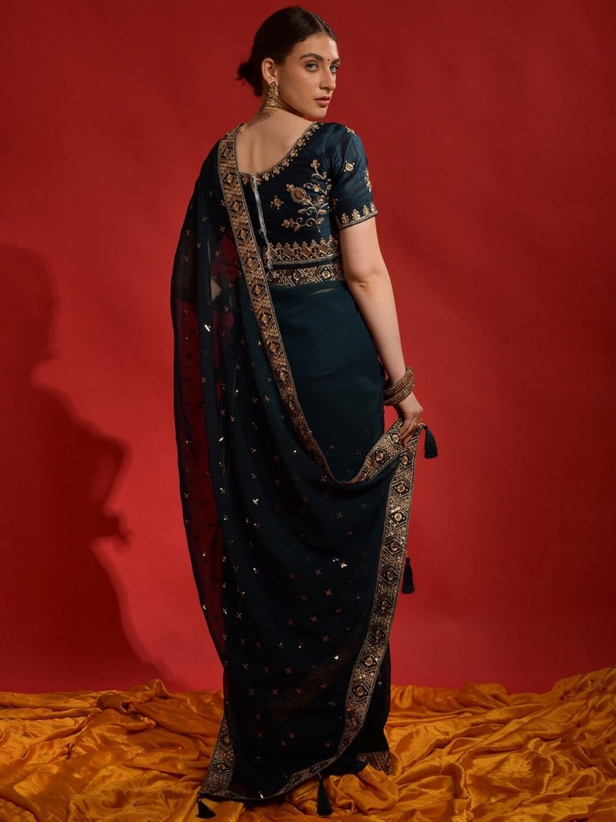 Anouk Teal & Gold-Toned Embellished Embroidered Pure Georgette Saree - Distacart