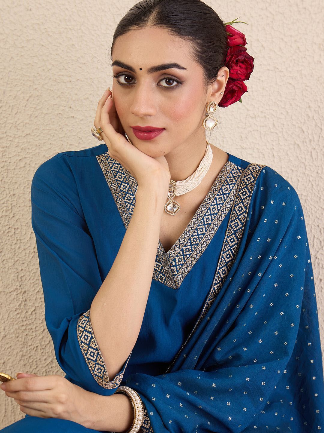 Indo Era Ethnic Motifs Embroidered Regular V-Neck Straight Kurta With Trousers & Dupatta