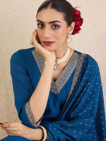 Thumbnail for Indo Era Ethnic Motifs Embroidered Regular V-Neck Straight Kurta With Trousers & Dupatta