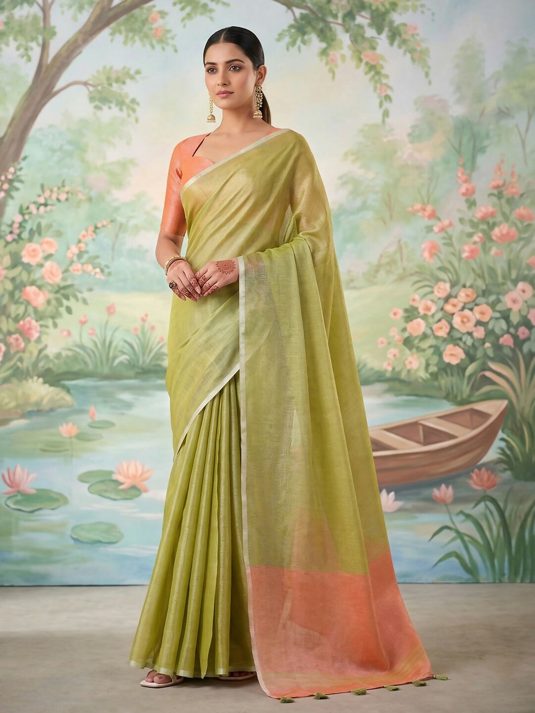 Shree Shyam Fashion Green Tissue Silk Saree - Distacart