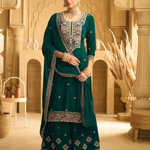 Anaita Green Embroidered with beads Velvet Stitched Plazo Suit - Distacart