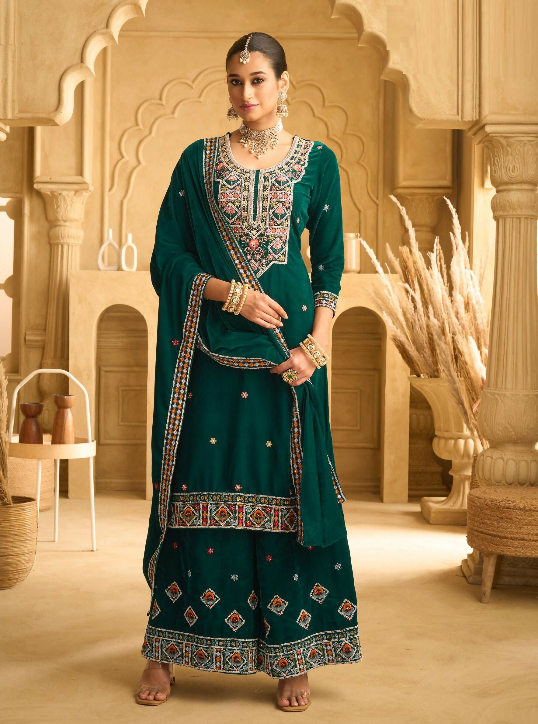Anaita Green Embroidered with beads Velvet Stitched Plazo Suit - Distacart