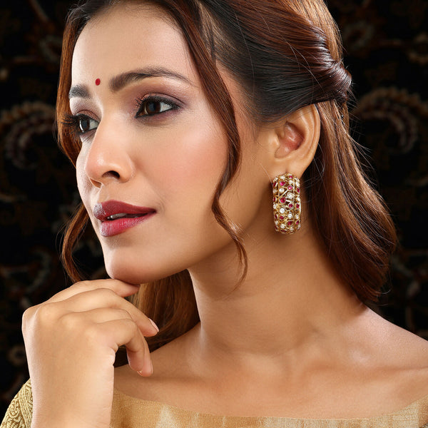 Ruby Raang Gold Polished Maroon Round Kundan Loops