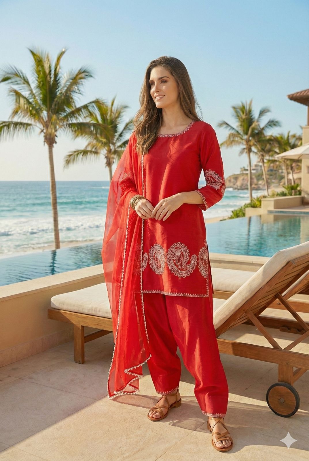 Anaita Red Crepe Stitched Suit With Sequence Embroidery Work - Distacart