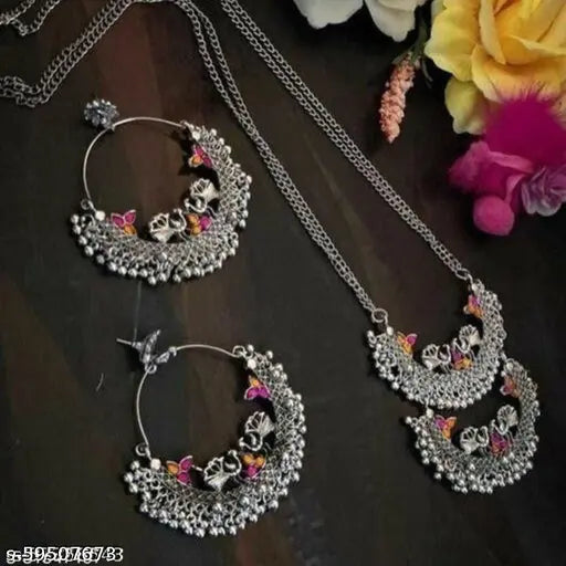 Tehzeeb Creations Women's Silver Colour Oxidised Necklace And Earrings With Peacock Design - Distacart