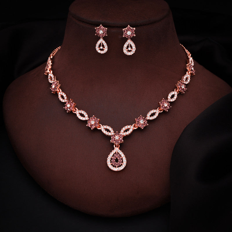 Tehzeeb Creations Elegant Rose Gold Polished American Diamond (Ad) Studded Necklace And Earring Set For Women - Distacart