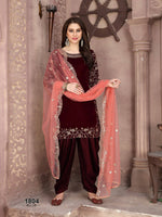 Thumbnail for Anaita Maroon Embroidered Velvet Anarkali Suit - Distacart