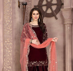 Thumbnail for Anaita Maroon Embroidered Velvet Anarkali Suit - Distacart