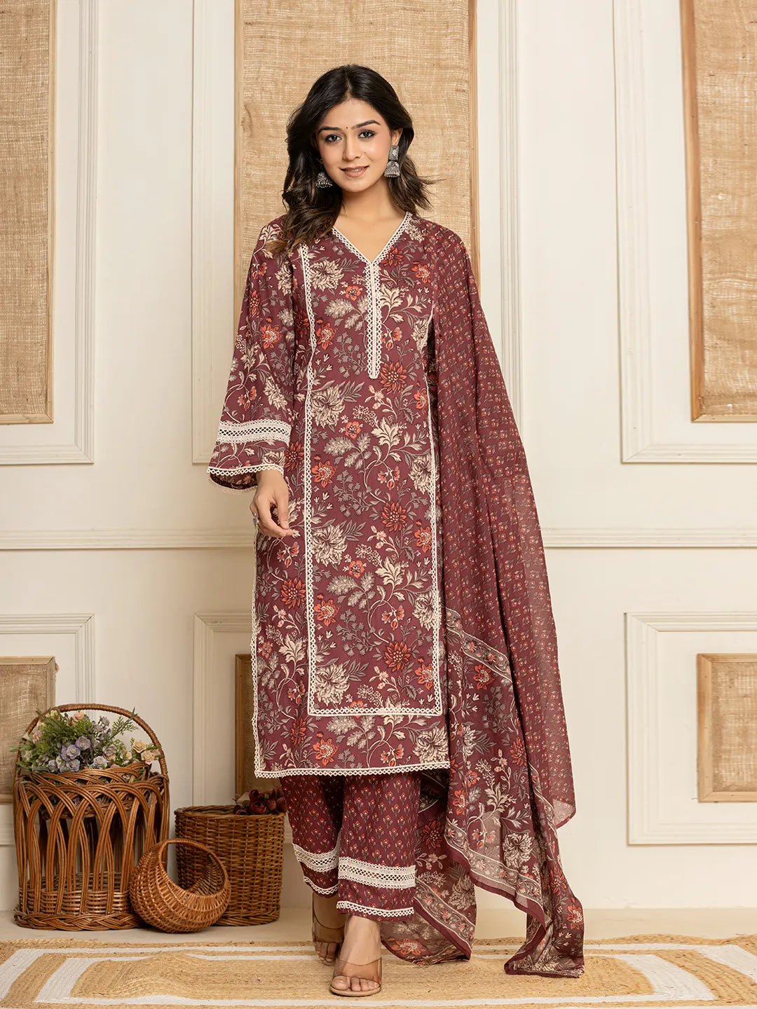 Yufta Maroon Floral Print Cotton Straight Style Kurta And Trouser With Dupatta - Distacart