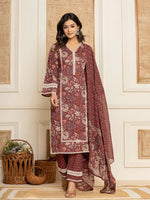 Thumbnail for Yufta Maroon Floral Print Cotton Straight Style Kurta And Trouser With Dupatta