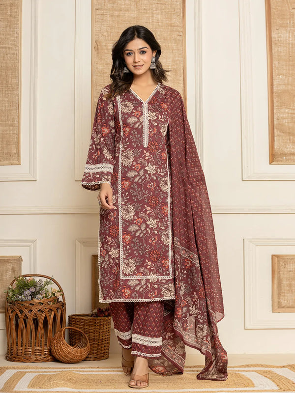 Yufta Maroon Floral Print Cotton Straight Style Kurta And Trouser With Dupatta