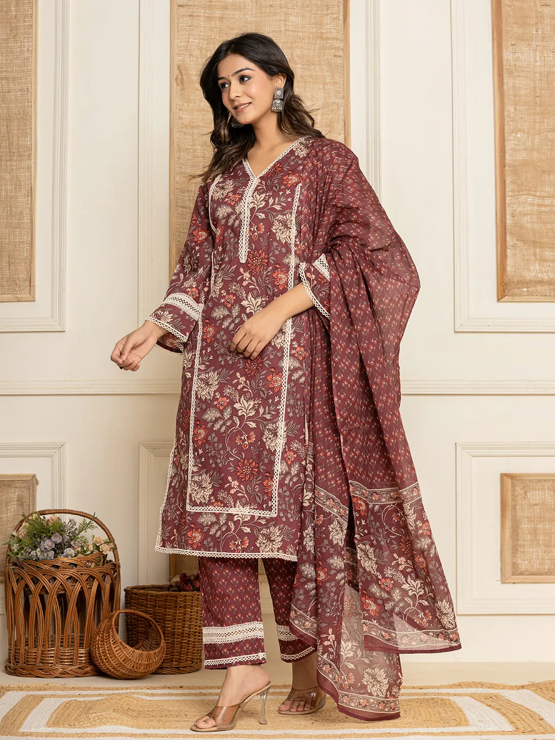 Yufta Maroon Floral Print Cotton Straight Style Kurta And Trouser With Dupatta - Distacart