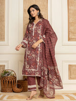 Thumbnail for Yufta Maroon Floral Print Cotton Straight Style Kurta And Trouser With Dupatta