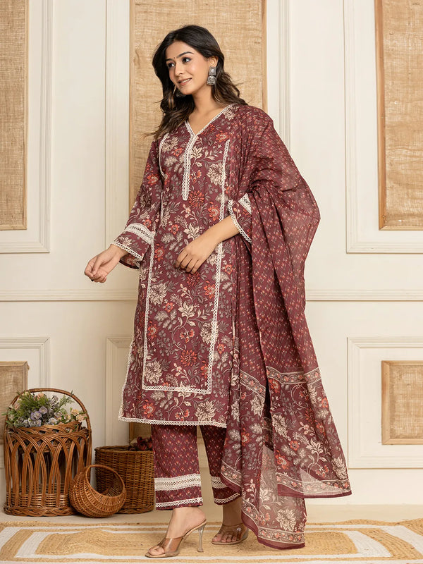 Yufta Maroon Floral Print Cotton Straight Style Kurta And Trouser With Dupatta