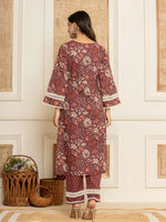 Thumbnail for Yufta Maroon Floral Print Cotton Straight Style Kurta And Trouser With Dupatta
