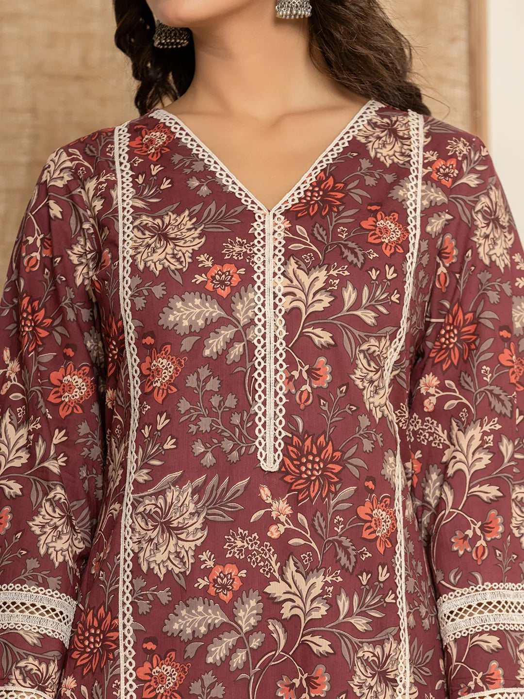 Yufta Maroon Floral Print Cotton Straight Style Kurta And Trouser With Dupatta