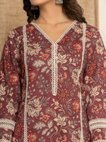 Thumbnail for Yufta Maroon Floral Print Cotton Straight Style Kurta And Trouser With Dupatta