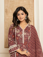 Thumbnail for Yufta Maroon Floral Print Cotton Straight Style Kurta And Trouser With Dupatta