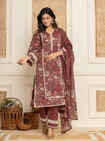 Thumbnail for Yufta Maroon Floral Print Cotton Straight Style Kurta And Trouser With Dupatta