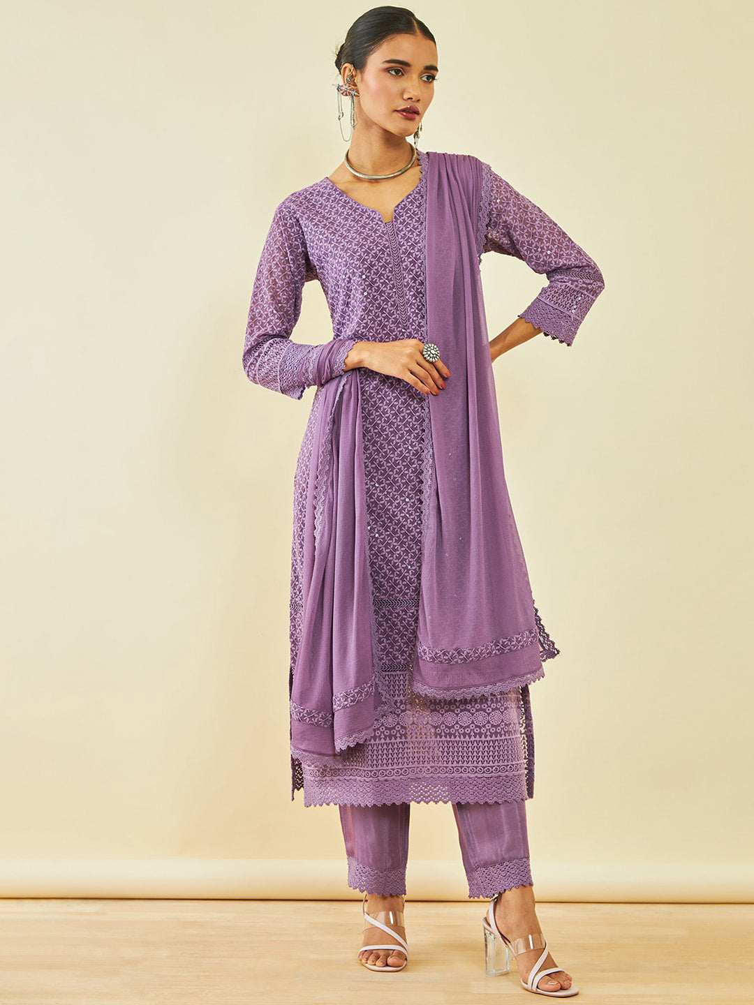 Soch Ethnic Motifs Embroidered Straight Kurta & Trousers With Dupatta - Distacart