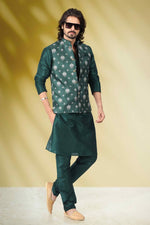 Thumbnail for Raivat Ethnic Art Banarasi Silk Printed Work 3 Pics Jacket Set In Green Colour - Distacart