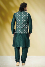 Thumbnail for Raivat Ethnic Art Banarasi Silk Printed Work 3 Pics Jacket Set In Green Colour - Distacart