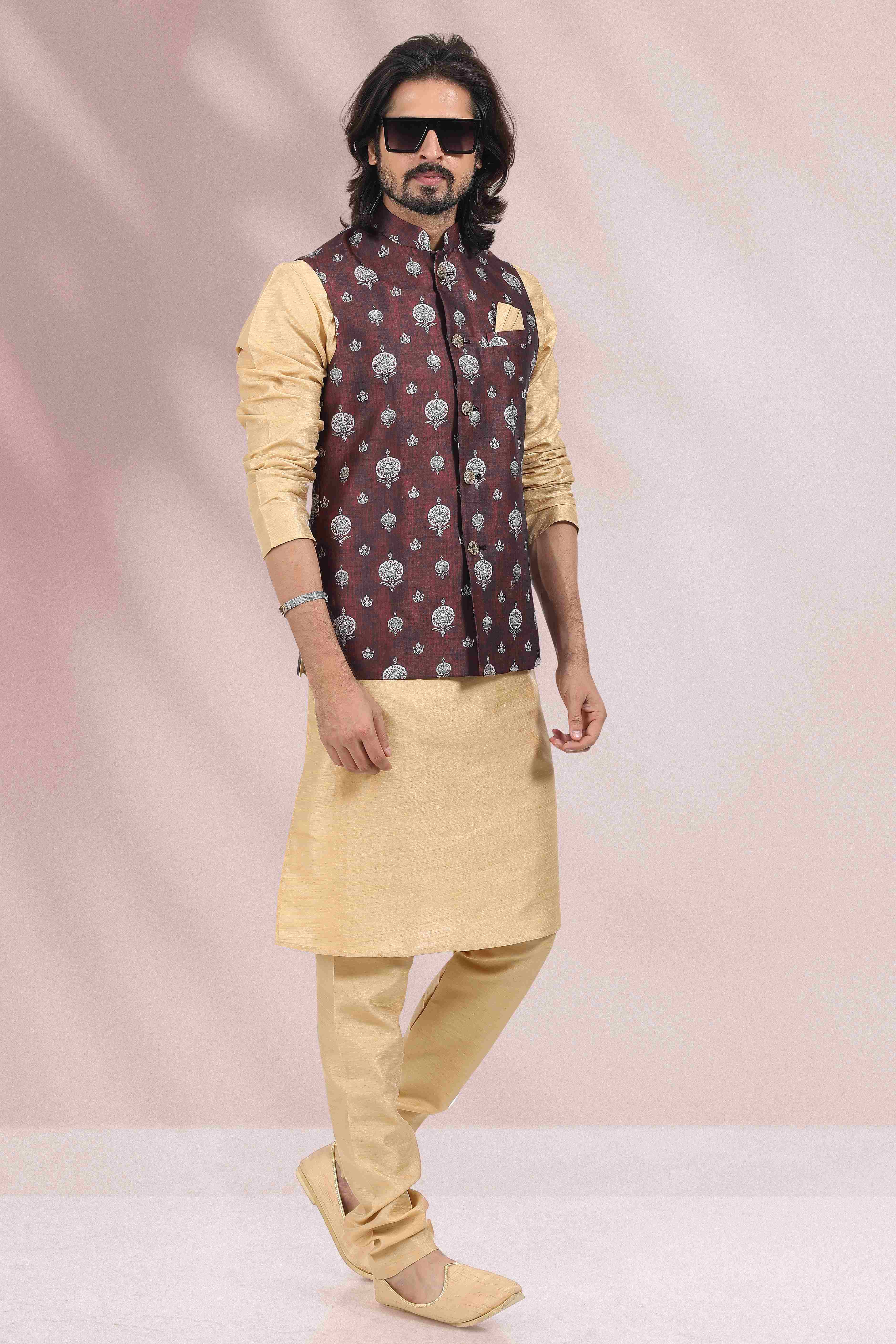 Raivat Ethnic Art Banarasi Silk Printed Work 3 Pics Jacket Set In Wine Colour - Distacart
