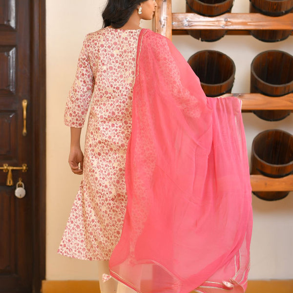 Vaasva Women's Classic Cream Cotton Foil Printedembroidered Suit Set - Distacart