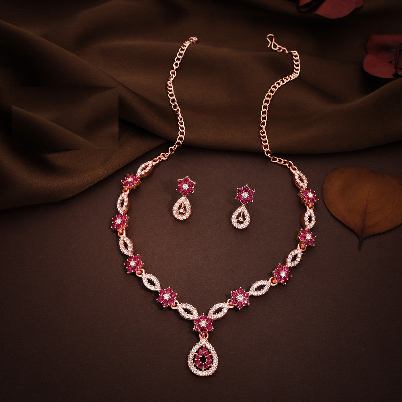 Tehzeeb Creations Elegant Pink Polished American Diamond (Ad) Studded Necklace And Earring Set For Women - Distacart