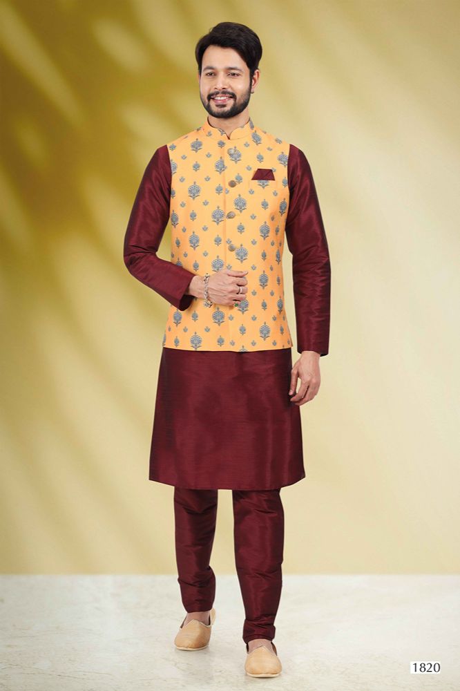 Raivat Ethnic Art Banarasi Silk Printed Work 3 Pics Jacket Set In Yellow Colour - Distacart