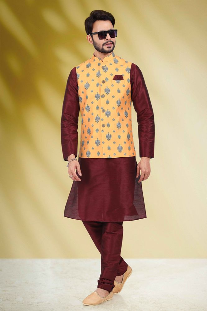 Raivat Ethnic Art Banarasi Silk Printed Work 3 Pics Jacket Set In Yellow Colour - Distacart
